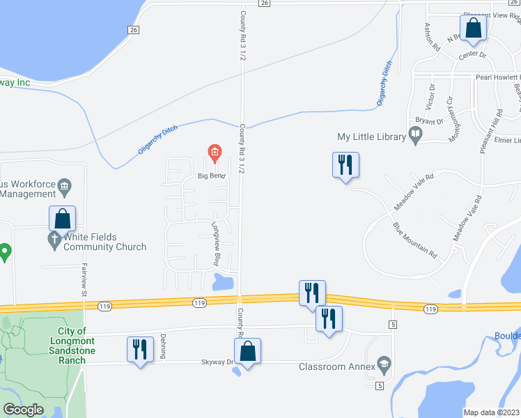map of restaurants, bars, coffee shops, grocery stores, and more near 11074 County Road 3 1/2 in Longmont