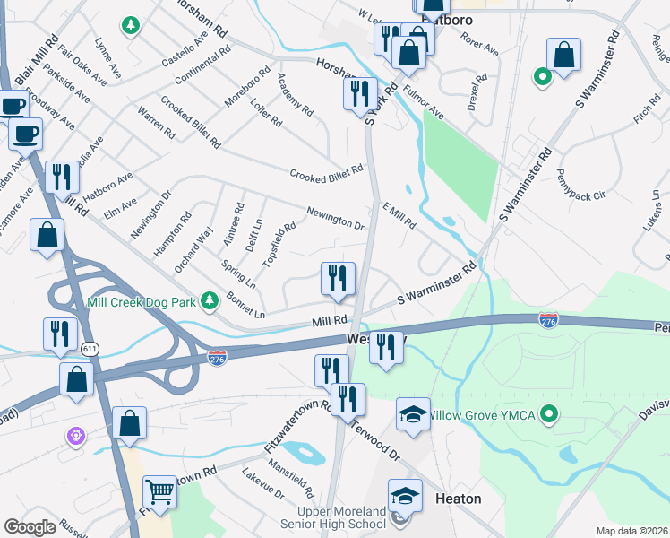 map of restaurants, bars, coffee shops, grocery stores, and more near 12 Saint Dunstans Road in Hatboro