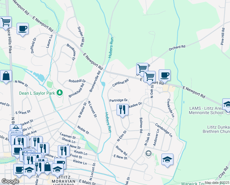 map of restaurants, bars, coffee shops, grocery stores, and more near 116 Chukar Court in Lititz