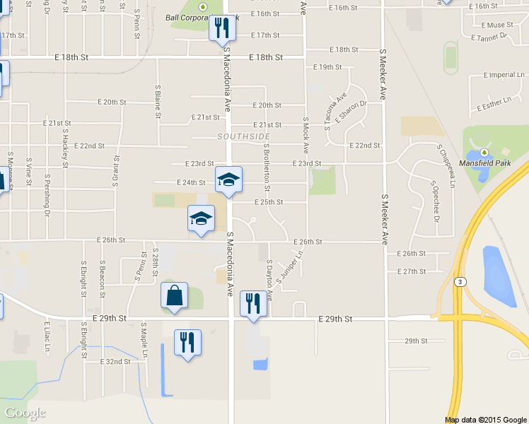 map of restaurants, bars, coffee shops, grocery stores, and more near 3205 South Brotherton Street in Muncie