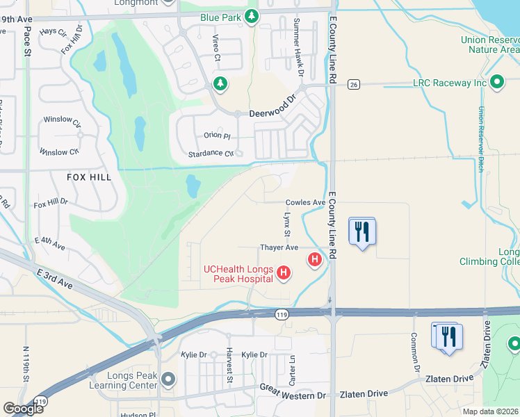 map of restaurants, bars, coffee shops, grocery stores, and more near 405 Overbrook Lane in Longmont