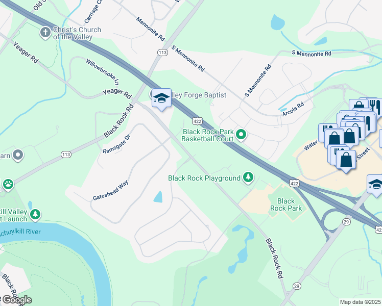 map of restaurants, bars, coffee shops, grocery stores, and more near 1362 Black Rock Road in Phoenixville