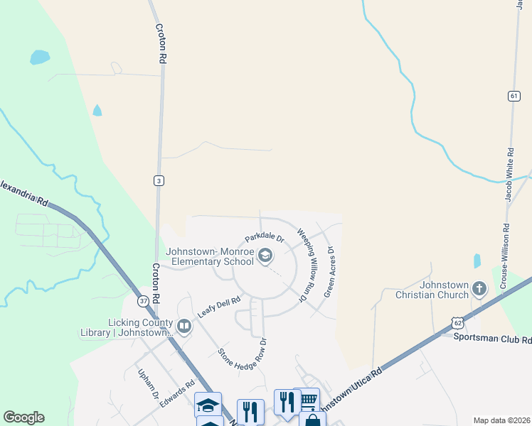 map of restaurants, bars, coffee shops, grocery stores, and more near 246 Weeping Willow Run Drive in Johnstown