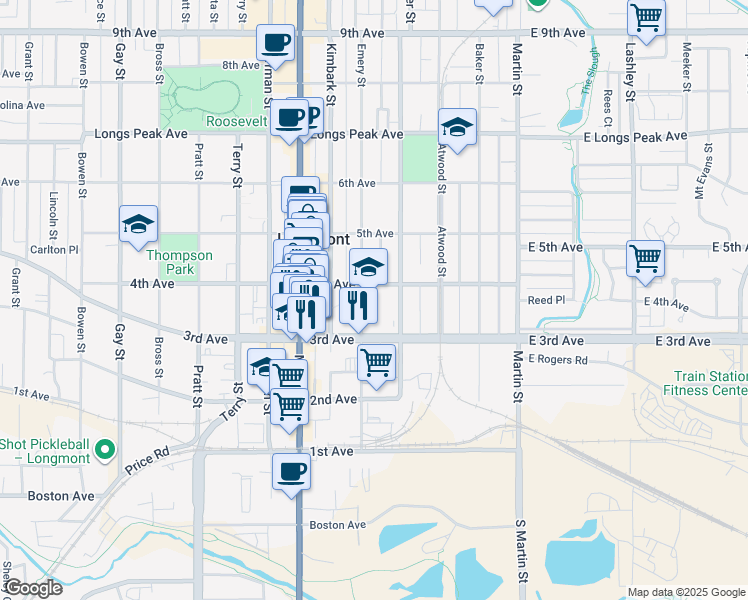 map of restaurants, bars, coffee shops, grocery stores, and more near 301 4th Avenue in Longmont