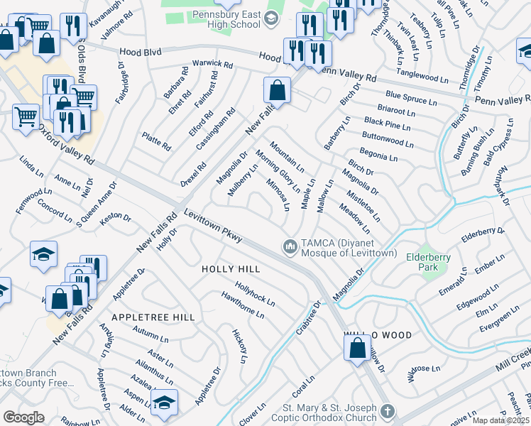 map of restaurants, bars, coffee shops, grocery stores, and more near 1 Marigold Circle in Levittown