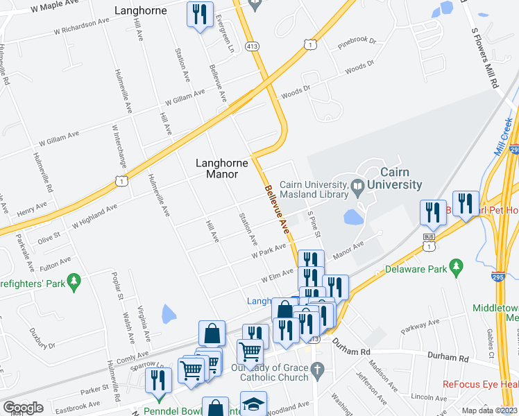 map of restaurants, bars, coffee shops, grocery stores, and more near 105 West Prospect Avenue in Langhorne