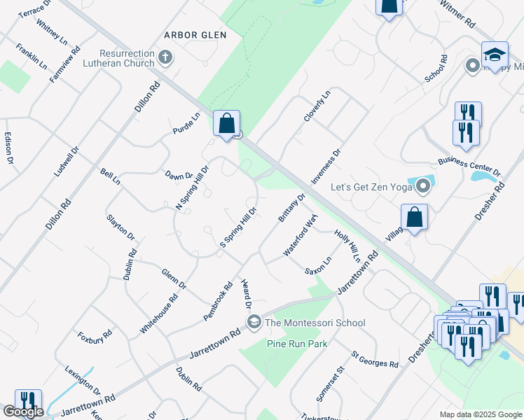 map of restaurants, bars, coffee shops, grocery stores, and more near 1604 Squire Drive in Ambler