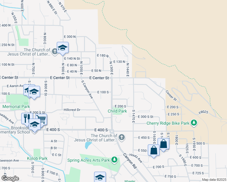 map of restaurants, bars, coffee shops, grocery stores, and more near 107 South 1300 East in Springville