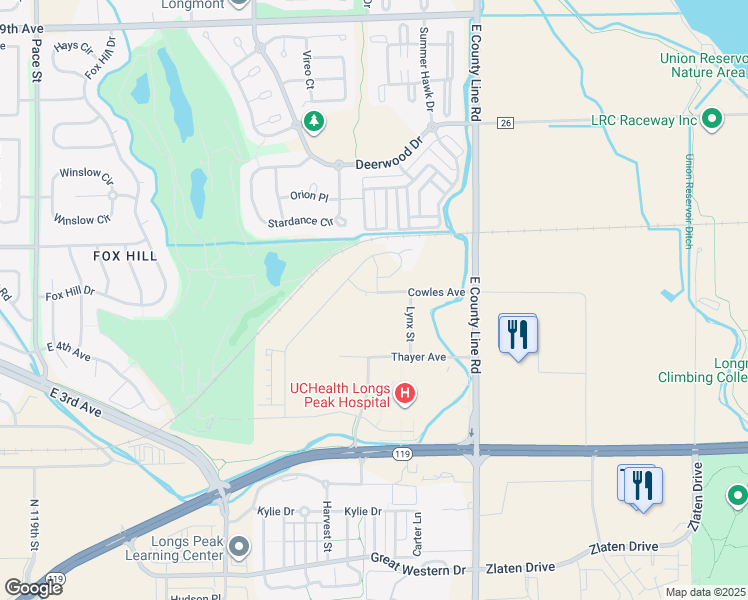 map of restaurants, bars, coffee shops, grocery stores, and more near 526 Peregrine Circle in Longmont