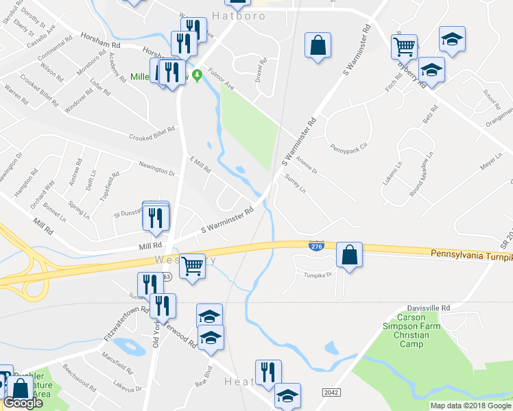 map of restaurants, bars, coffee shops, grocery stores, and more near 503 South Warminster Road in Hatboro