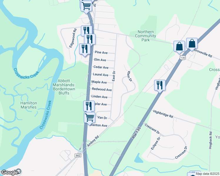 map of restaurants, bars, coffee shops, grocery stores, and more near 18 Maple Avenue in Fieldsboro