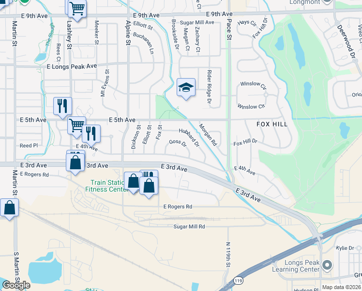 map of restaurants, bars, coffee shops, grocery stores, and more near 715 Goss Drive in Longmont