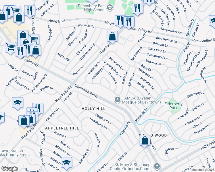 map of restaurants, bars, coffee shops, grocery stores, and more near 1 Marigold Circle in Levittown