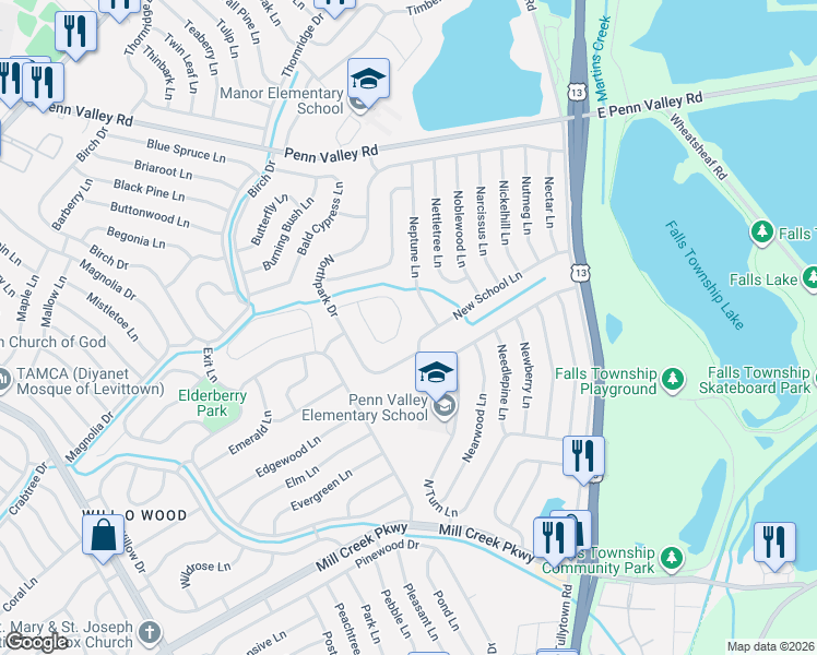 map of restaurants, bars, coffee shops, grocery stores, and more near 5 Neptune Lane in Levittown