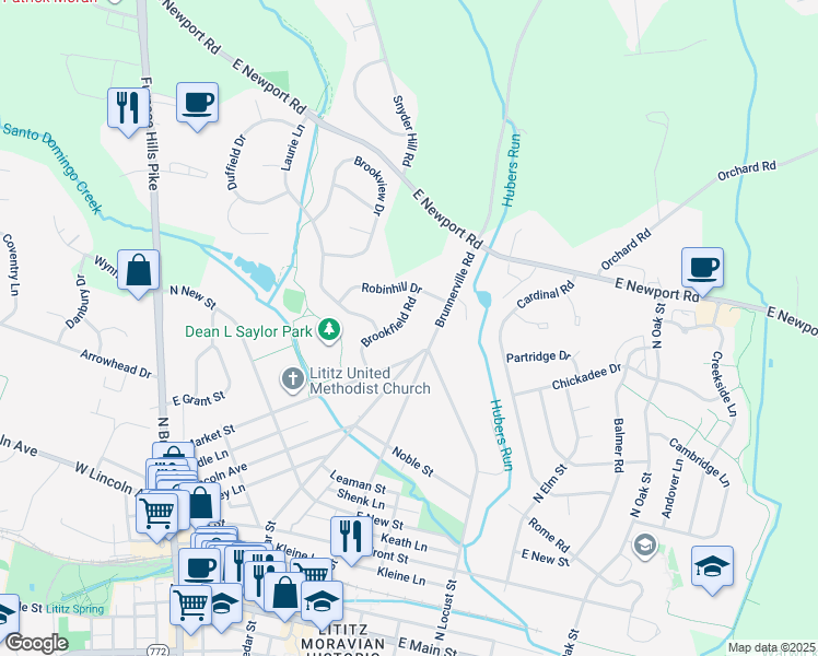 map of restaurants, bars, coffee shops, grocery stores, and more near 68 Brookfield Road in Lititz