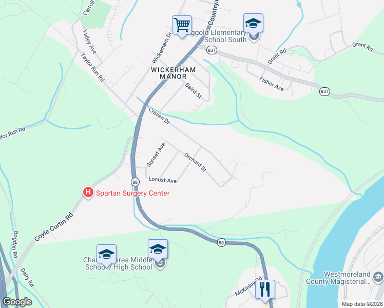 map of restaurants, bars, coffee shops, grocery stores, and more near 62 Craven Drive in Charleroi