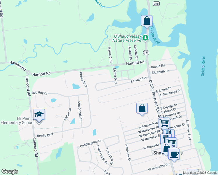 map of restaurants, bars, coffee shops, grocery stores, and more near 6591 North Park Place West in Powell