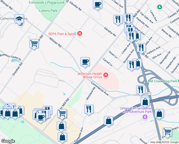 map of restaurants, bars, coffee shops, grocery stores, and more near 640 State Route 2026 in Willow Grove