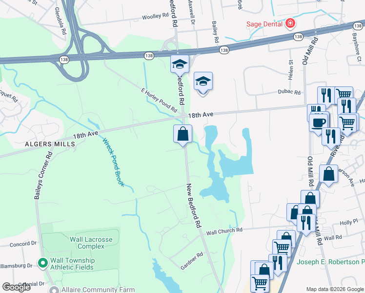 map of restaurants, bars, coffee shops, grocery stores, and more near 1819 New Bedford Road in Wall Township