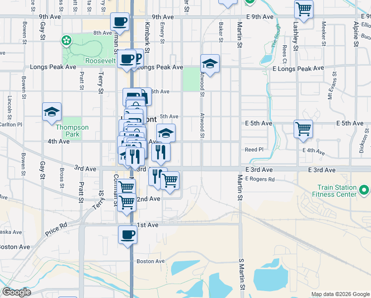 map of restaurants, bars, coffee shops, grocery stores, and more near 101 4th Avenue in Longmont