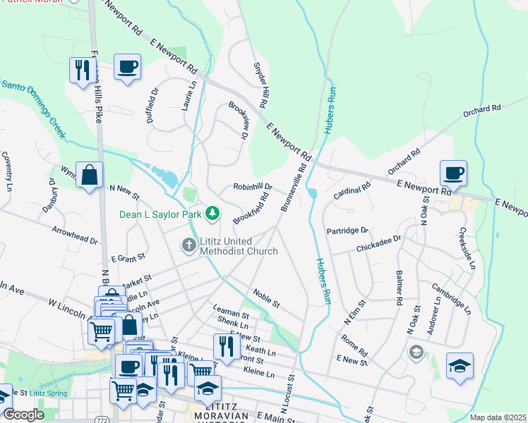 map of restaurants, bars, coffee shops, grocery stores, and more near 68 Brookfield Road in Lititz