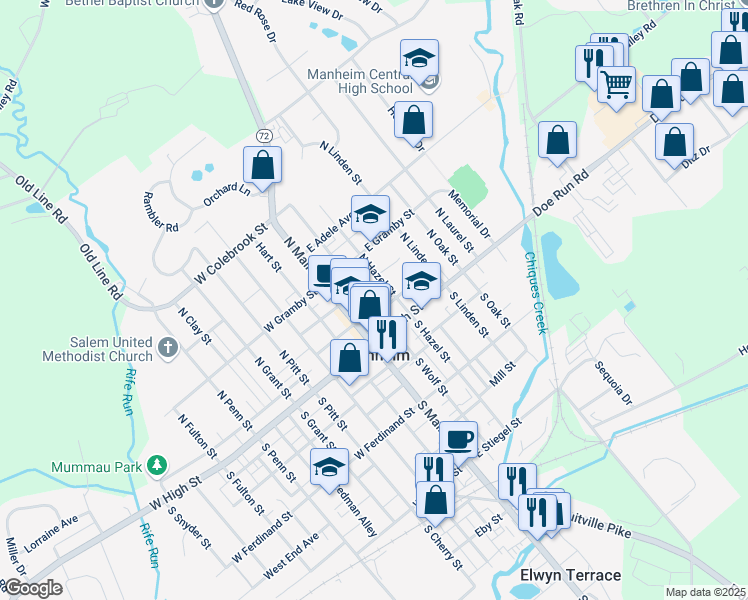 map of restaurants, bars, coffee shops, grocery stores, and more near 45 North Wolf Street in Manheim