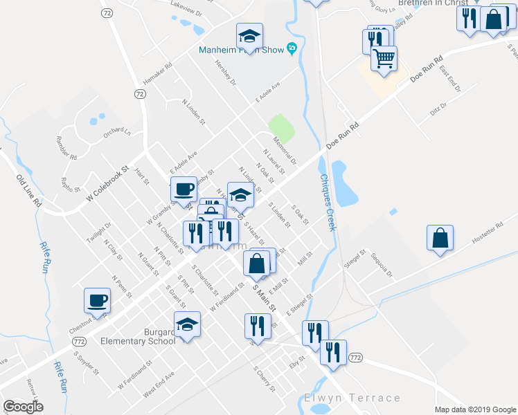 map of restaurants, bars, coffee shops, grocery stores, and more near 133 East High Street in Manheim