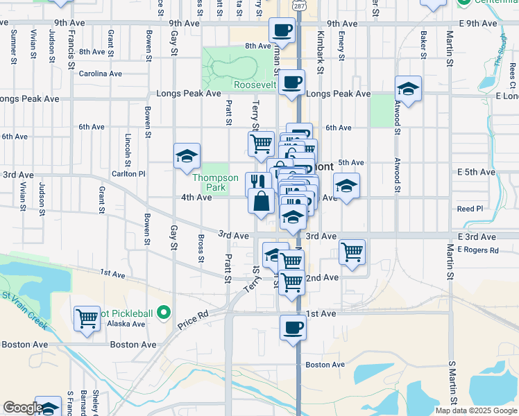 map of restaurants, bars, coffee shops, grocery stores, and more near 350 Terry St in Longmont