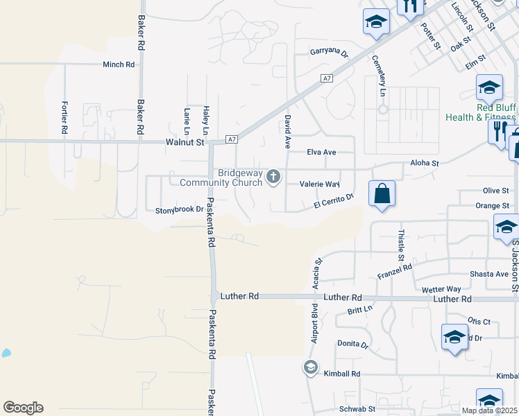 map of restaurants, bars, coffee shops, grocery stores, and more near 400 Springtime Lane in Red Bluff