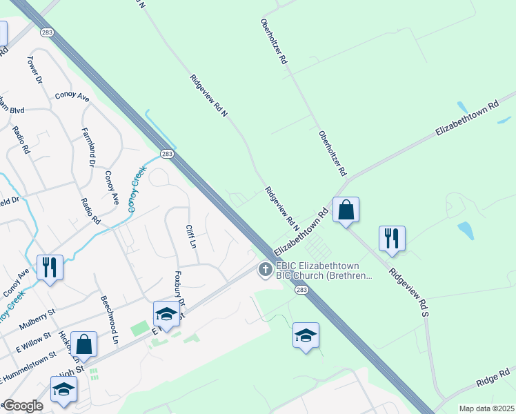 map of restaurants, bars, coffee shops, grocery stores, and more near 202 Ridgeview Road North in Elizabethtown