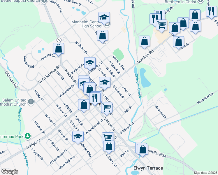 map of restaurants, bars, coffee shops, grocery stores, and more near 133 East High Street in Manheim