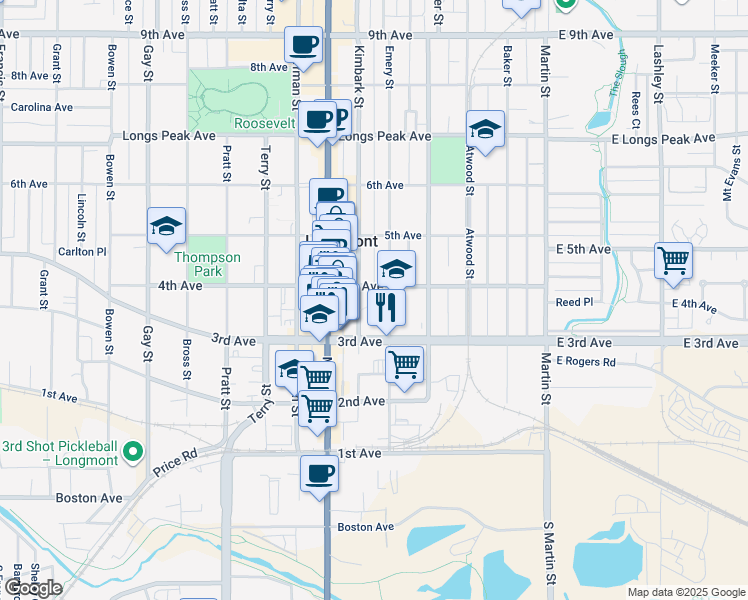 map of restaurants, bars, coffee shops, grocery stores, and more near 457 4th Avenue in Longmont
