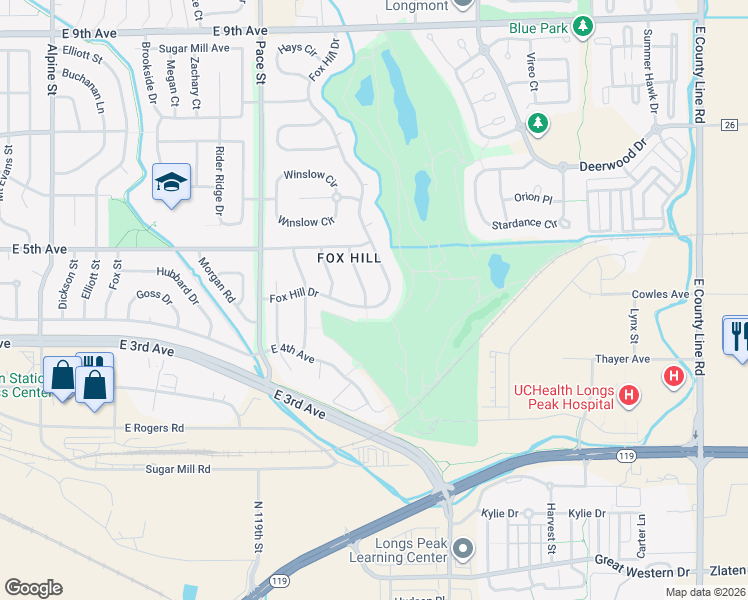 map of restaurants, bars, coffee shops, grocery stores, and more near 1258 Fox Hill Drive in Longmont
