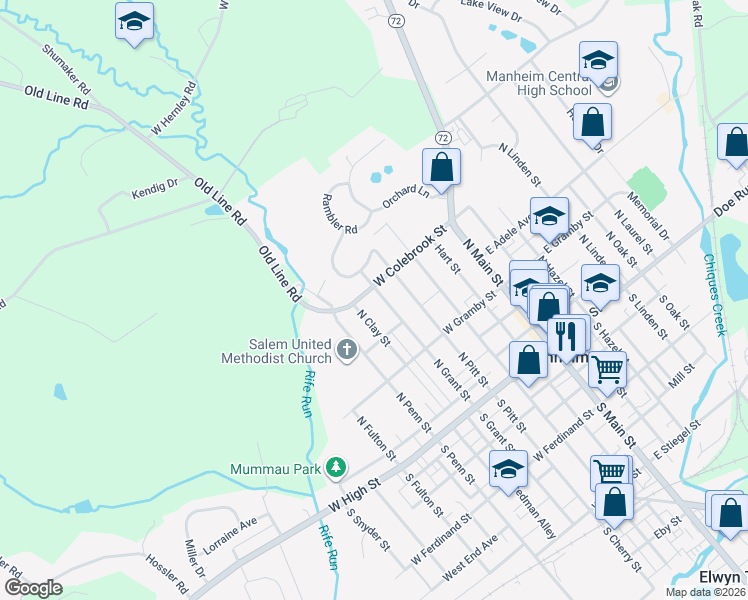 map of restaurants, bars, coffee shops, grocery stores, and more near 176 North Grant Street in Manheim