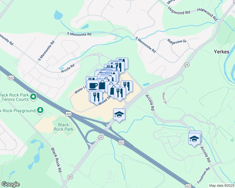 map of restaurants, bars, coffee shops, grocery stores, and more near Town Center Drive in Collegeville