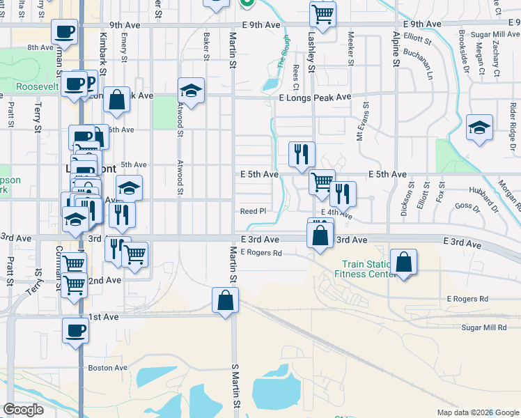 map of restaurants, bars, coffee shops, grocery stores, and more near 36 Reed Place in Longmont