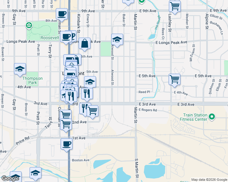 map of restaurants, bars, coffee shops, grocery stores, and more near 157 4th Avenue in Longmont