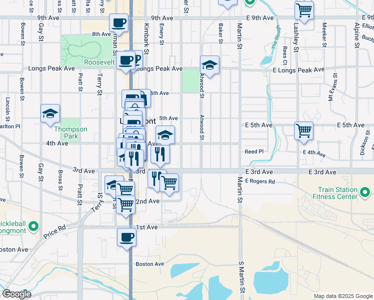 map of restaurants, bars, coffee shops, grocery stores, and more near 101 4th Avenue in Longmont