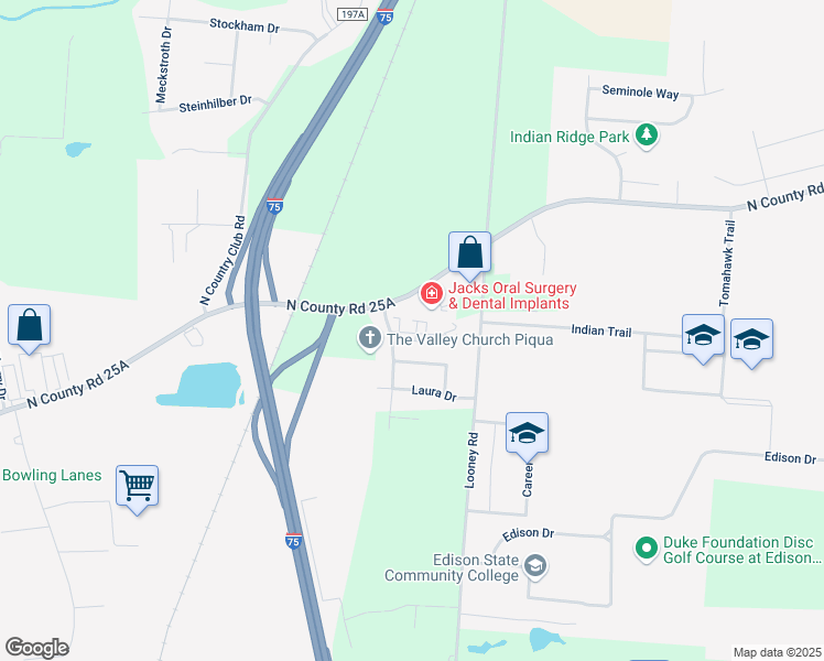 map of restaurants, bars, coffee shops, grocery stores, and more near 1024 Jill Court in Piqua