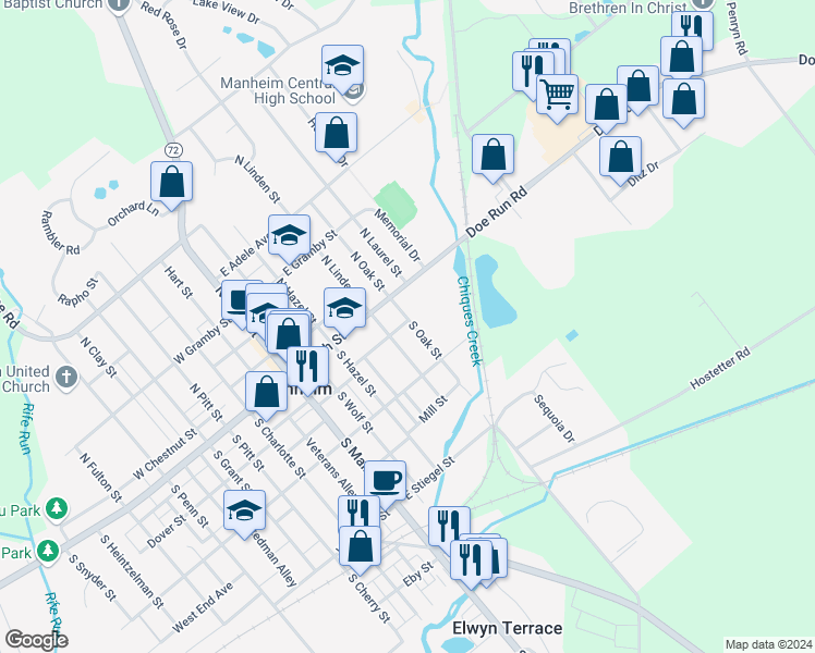 map of restaurants, bars, coffee shops, grocery stores, and more near 36 South Oak Street in Manheim