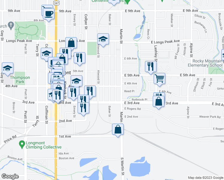 map of restaurants, bars, coffee shops, grocery stores, and more near 346 Baker Street in Longmont