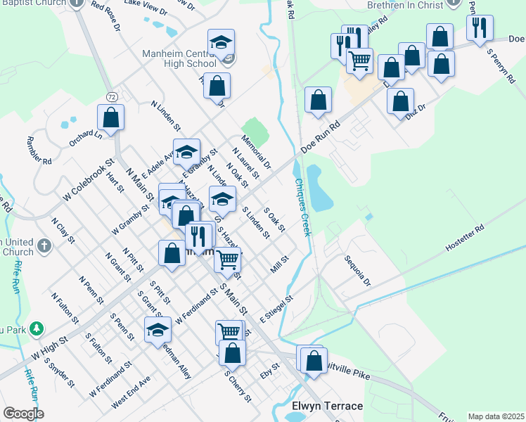 map of restaurants, bars, coffee shops, grocery stores, and more near 36 South Oak Street in Manheim