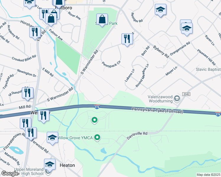 map of restaurants, bars, coffee shops, grocery stores, and more near 334 Arionne Drive in Hatboro