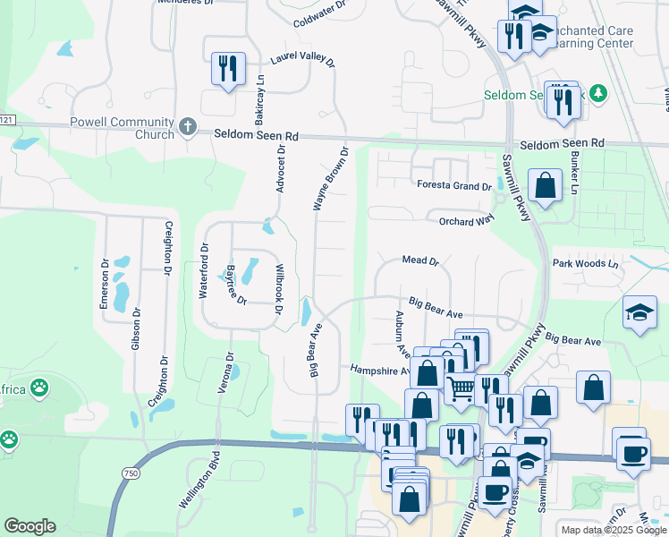 map of restaurants, bars, coffee shops, grocery stores, and more near 4060 Essex Ct in Powell