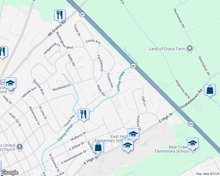 map of restaurants, bars, coffee shops, grocery stores, and more near 22 Rhema Court in Elizabethtown