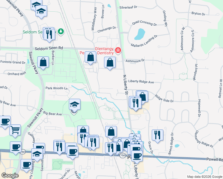 map of restaurants, bars, coffee shops, grocery stores, and more near 190 Penny Lane in Powell