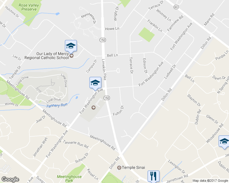 map of restaurants, bars, coffee shops, grocery stores, and more near 1605 Fort Washington Avenue in Maple Glen