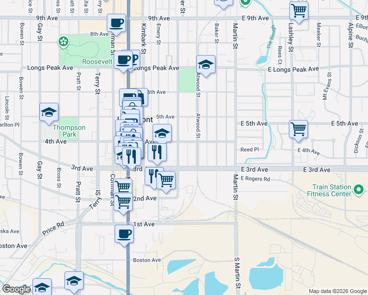 map of restaurants, bars, coffee shops, grocery stores, and more near 101 4th Avenue in Longmont