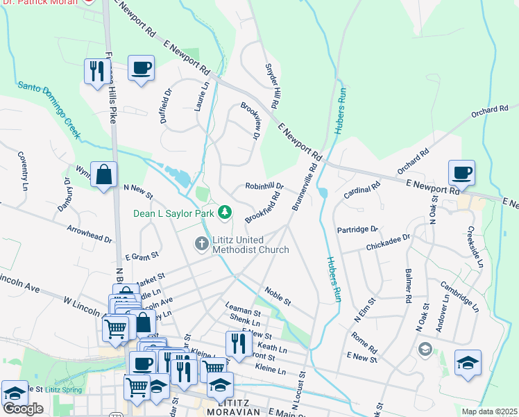 map of restaurants, bars, coffee shops, grocery stores, and more near 4 Laurie Lane in Lititz