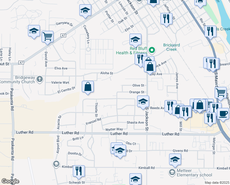map of restaurants, bars, coffee shops, grocery stores, and more near 504 Sacramento Avenue in Red Bluff